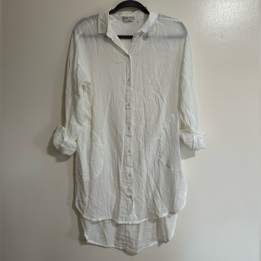 Prana White Button Down Shirt Dress, Tunic, Swim Coverup, Size Medium